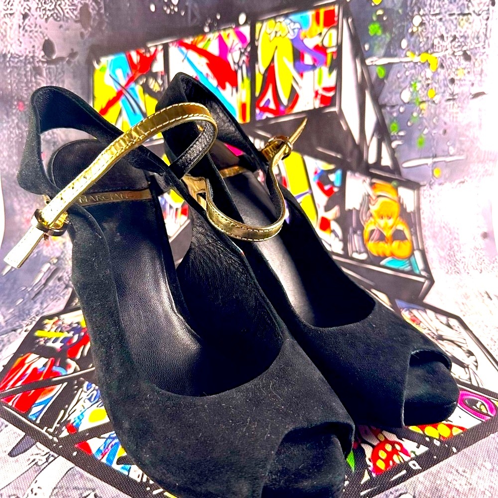 Marciano Black & Gold Peep-Toe Stiletto – Size 6